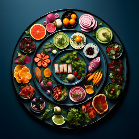 Healthy food selection on dark blue background. Top view, flat layの素材