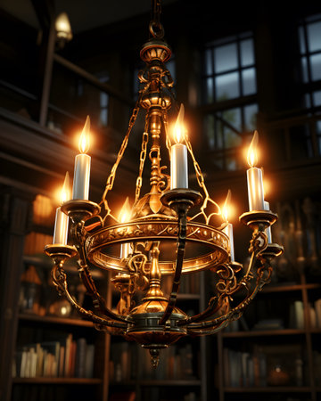 Chandelier with burning candles in the interior of the old libraryの素材