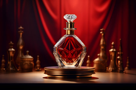 Perfume bottle on red curtain background. Luxury fragrance.の素材