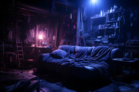 Abandoned room with armchair and table in the night.の素材