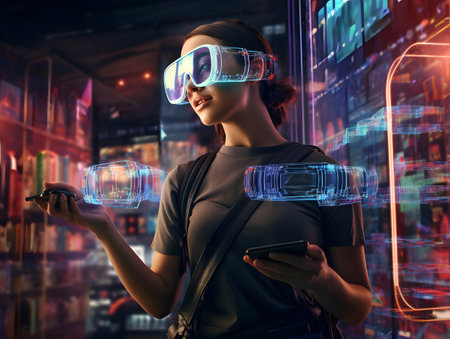 Attractive young woman wearing virtual reality goggles. Mixed media. Mixed mediaの素材