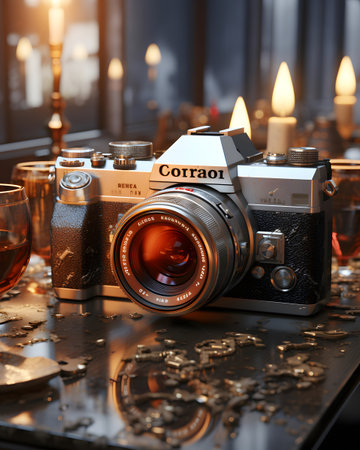 Retro camera and candlestick on the table. 3d renderingの素材