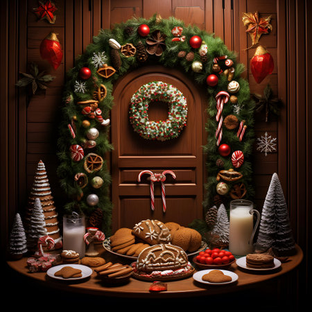 Christmas wreath with cookies and sweets in front of a wooden doorの素材