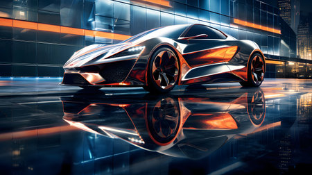 3D rendering of a brand-less generic concept car in the cityの素材