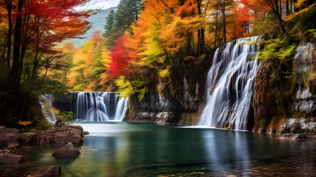 Beautiful waterfall in autumn forest, Plitvice Lakes National Park, Croatiaの素材