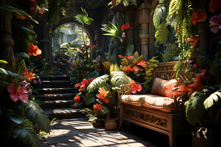 Interior of a beautiful tropical garden with flowers and plants. Toned.の素材