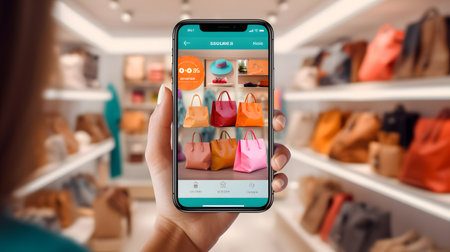 female hand holding a smartphone with online shopping on the screen in the storeの素材