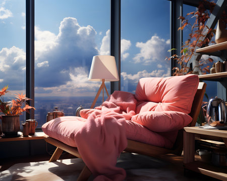 modern living room with pink pillows on the windowsill. 3d renderingの素材