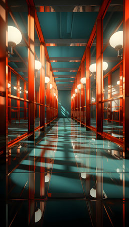 3D rendering of a corridor in an office building with glowing lampsの素材