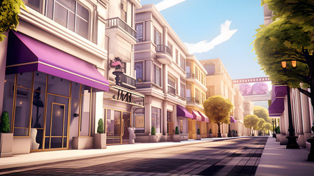 Illustration of a street in the city with shops and restaurants.の素材