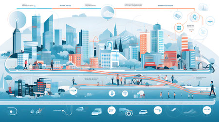 Modern city concept. City landscape with skyscrapers, buildings and people. Flat style vector illustration.の素材