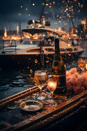 Bottle of champagne and two glasses on the background of boats and yachtsの素材