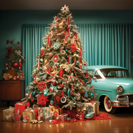 Christmas tree with gifts and retro car in the room. 3d renderingの素材