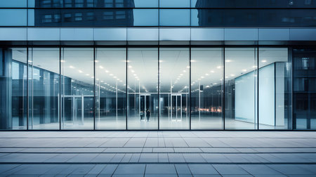 Modern office building with glass wall and reflections. 3D renderingの素材