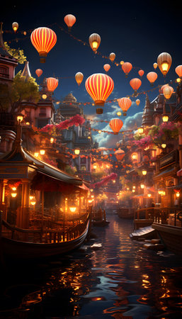 Colorful hot air balloons floating over the old town of Hoi An, Vietnamの素材