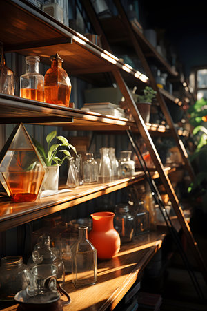 Wooden shelves with different bottles and vases on shelf in shopの素材