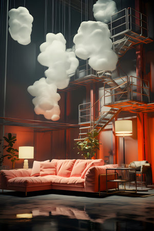 Modern interior design of living room with red sofa, 3d renderの素材
