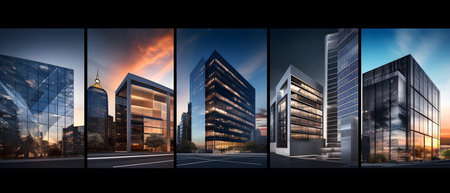 Modern business skyscrapers at sunset. Collage. 3D renderingの素材