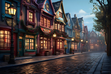 Street with old houses and street lamps in the evening. 3d renderingの素材