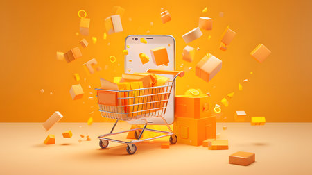 Shopping cart with smartphone and boxes on orange background. 3d renderingの素材