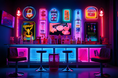 Night club interior with neon signs and bar chairs. 3d renderingの素材