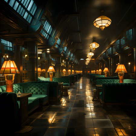 Interior of a night club with tables, chairs and ceiling lampsの素材