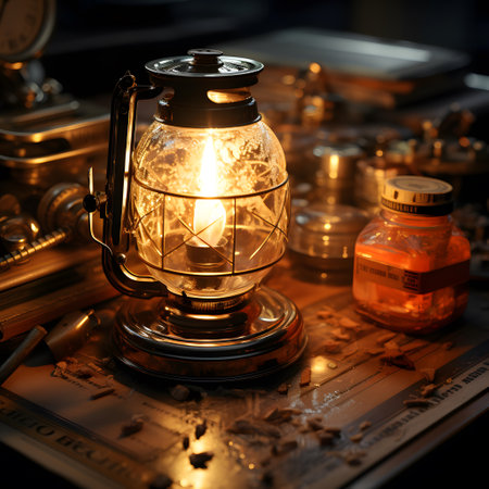 Vintage kerosene lamp on the background of the old telephone.の素材