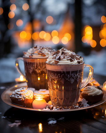 Two cups of hot chocolate with whipped creamhmallows and muffins on the background of Christmas lights.の素材