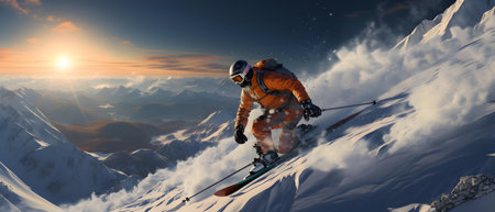 Skis skiing downhill in high mountains at sunset. 3D renderingの素材