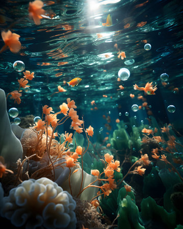Underwater world with corals and fish. 3D rendering.の素材
