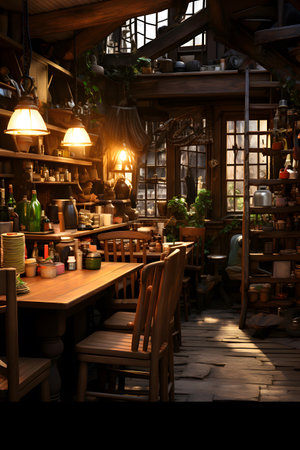 Interior of a cozy restaurant with wooden tables and chairs in the eveningの素材
