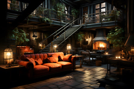 Interior of a cozy living room at night. 3D renderingの素材