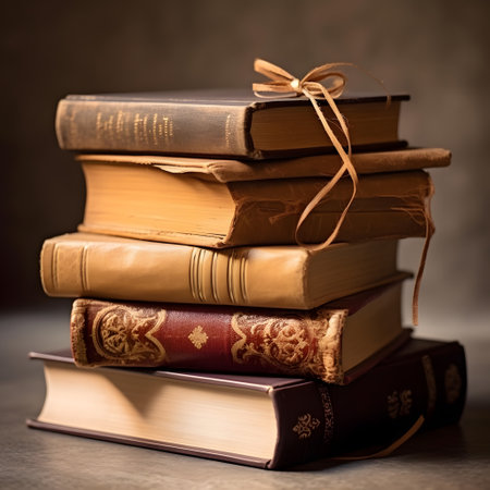 Stack of books on a wooden table. Shallow depth of field.の素材
