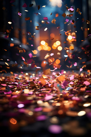 Golden confetti on the background of the night city. Bokehの素材