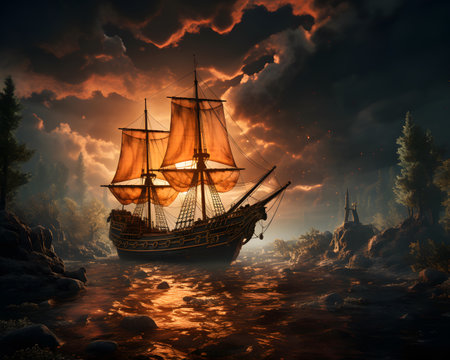 Pirate ship in the sea at sunset. 3D illustrations.の素材