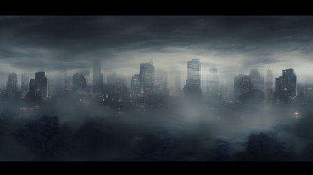Panoramic view of the foggy city. 3D renderingの素材