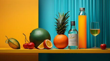 Mixed fruits on a shelf in front of a blue and orange backgroundの素材