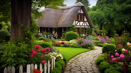 Beautiful garden with a house in the shape of a cottage.の素材