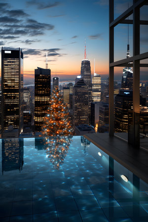 New York City skyline with illuminated skyscrapers reflected in pool.の素材
