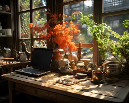 Working place with laptop and cup of coffee on wooden table in cafeの素材