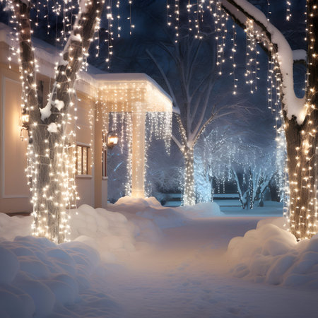 Illustration of a snowy winter night with Christmas lights and decorationsの素材