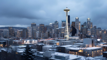 Seattle skyline at dusk with urban skyscrapers and cloudy sky.の素材