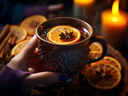 Female hands holding a cup of hot mulled wine with spices on a dark backgroundの素材