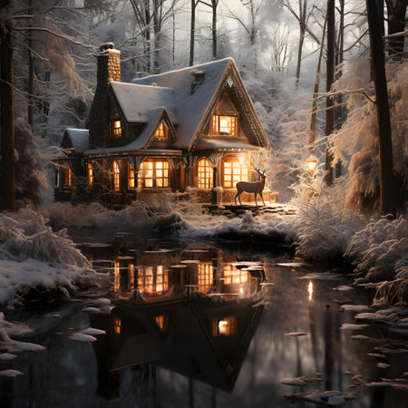 Winter cottage in the forest at night with reflection in the water.の素材