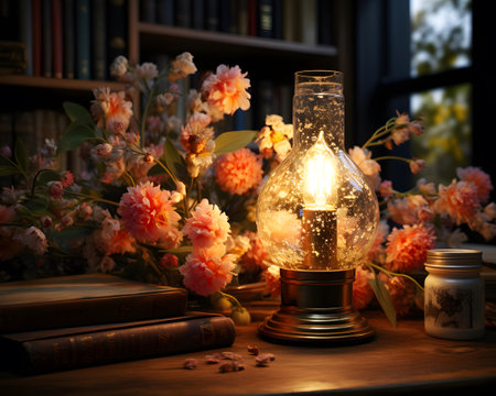 Vintage lantern, books and flowers on a wooden table in the darkの素材