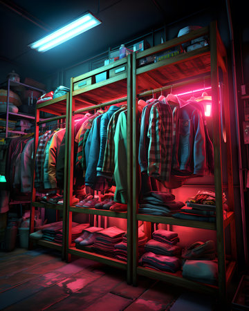 Clothing store interior. 3D rendering. Neon light effect.の素材