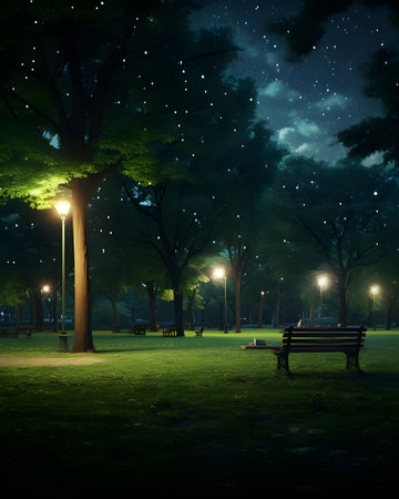 Park at night with bench and lanterns, 3D illustration.の素材