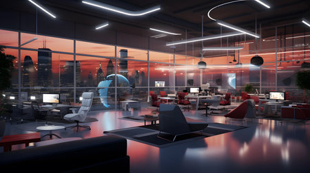 Interior of modern office with city view 3D rendering mock upの素材