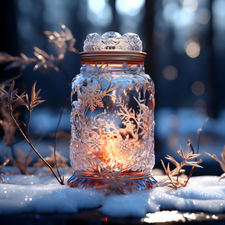 Christmas lantern in the winter forest. Christmas and New Year background.の素材
