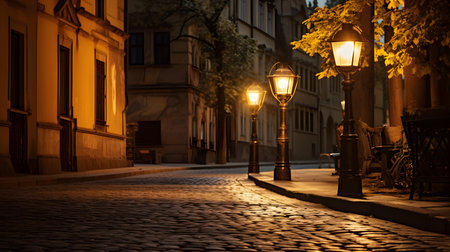 Street lamp in the old town of Prague at night, Czech Republicの素材